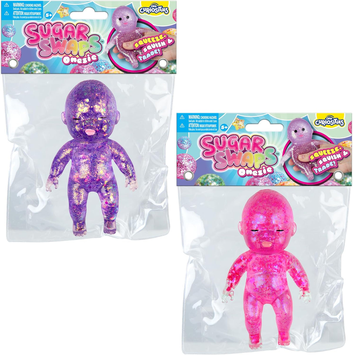 ORB Sugar Swaps Sparkly Jumbo Baby Squishies Pink and Purple 2 Pack | 2 Big Sugar Baby Squishy Toys to Stretch, Squeeze, Collect, Trade - Stress Relief, Sensory, Fidget Toys for Kids and Adults
