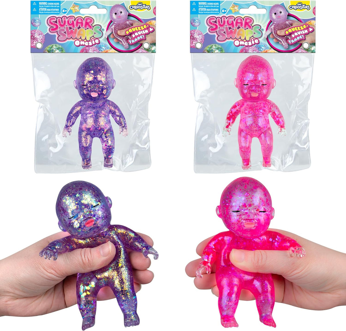 ORB Sugar Swaps Sparkly Jumbo Baby Squishies Pink and Purple 2 Pack | 2 Big Sugar Baby Squishy Toys to Stretch, Squeeze, Collect, Trade - Stress Relief, Sensory, Fidget Toys for Kids and Adults
