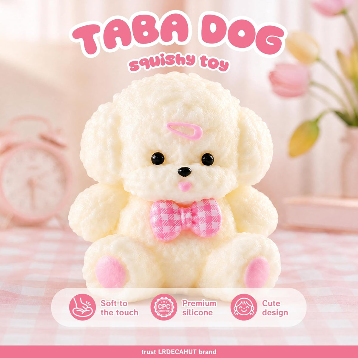 Taba Dog Squishy Fidget Toys, Handmade Slow Rising Squeeze Toys | Cute Silicone Sensory Stress Relief Toy with Resin Bow and Fuzz Ball, Sticky Soft Squishies Gift for Kids3+,Adults
